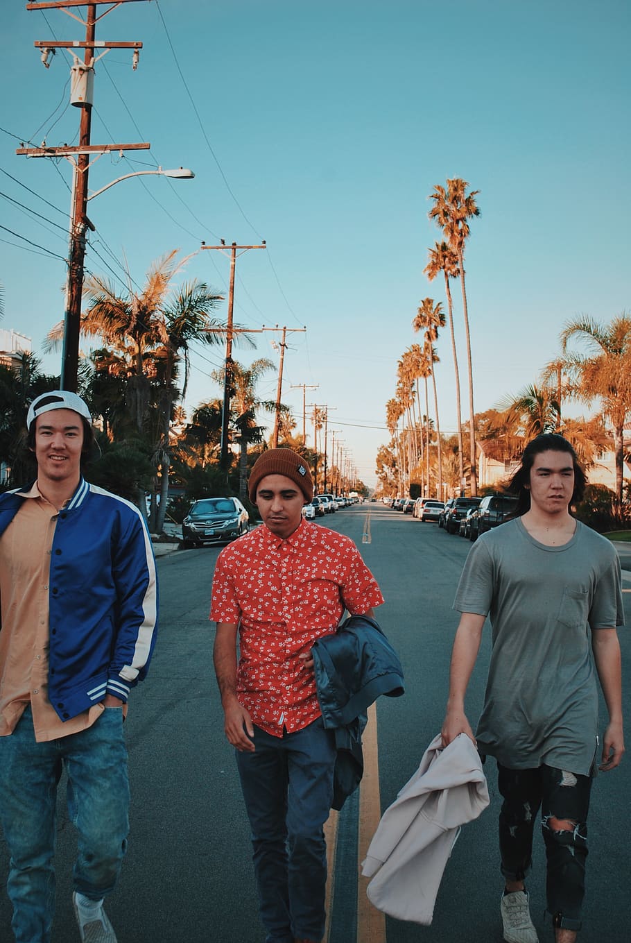 three man walking on road, human, person, clothing, apparel, sleeve HD wallpaper