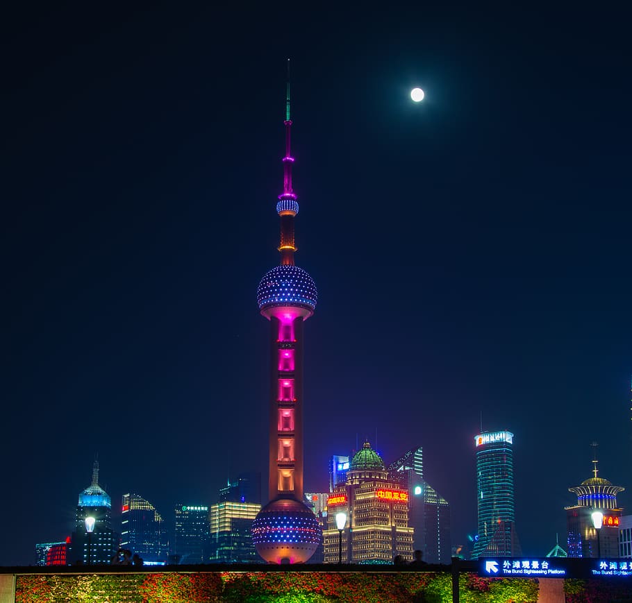 china, oriental pearl tv tower, bund, long exposure, night, HD wallpaper