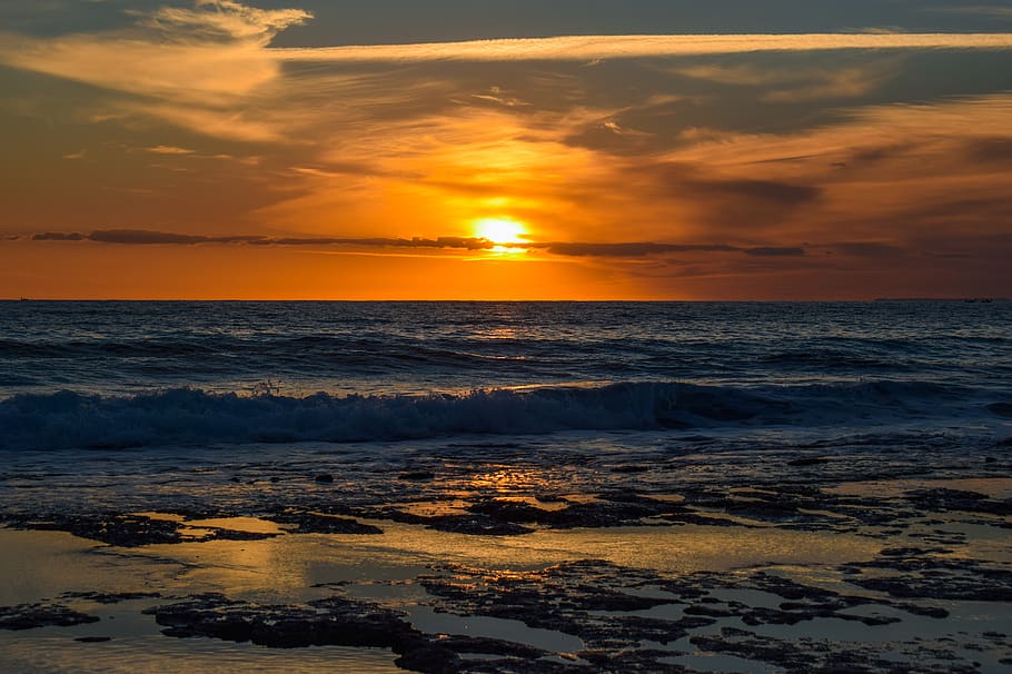 sunset, waves, nature, sea, shore, landscape, afternoon, sky HD wallpaper