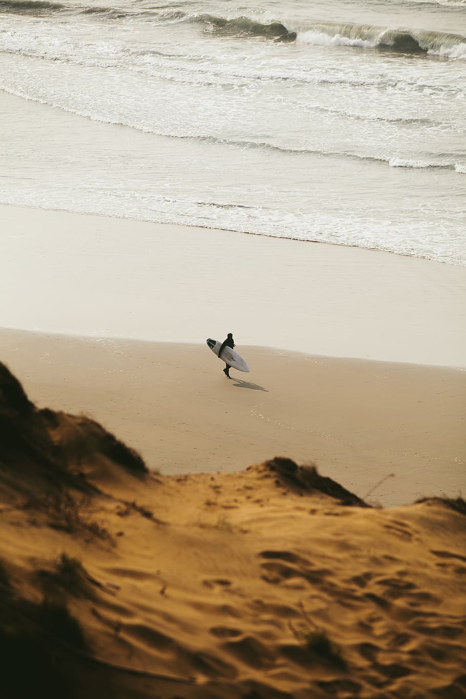 person walking while holding surfboard, soil, nature, sand, outdoors HD wallpaper