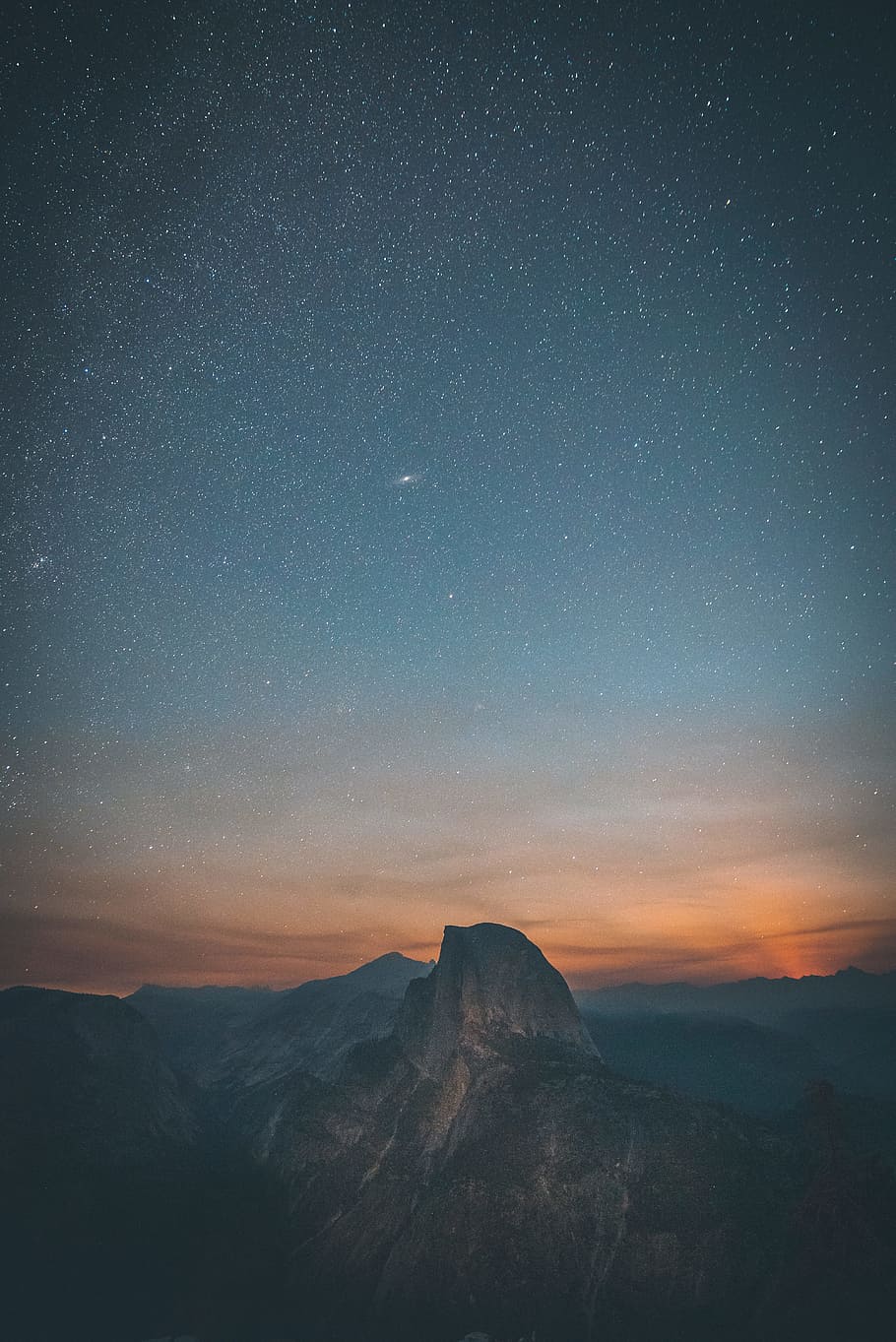 mountains under starry sky, moon, half dome, valley, dark, landscape, HD wallpaper