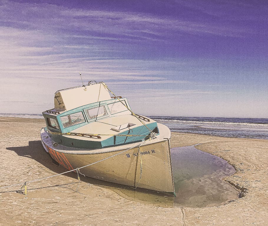 White and Teal Speedboat on Land, beach, clouds, daylight, landscape HD wallpaper