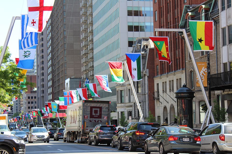 montréal, canada, flags, architecture, car, city, motor vehicle HD wallpaper