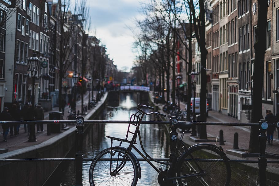 Bicycle Parked on a Bridge, amsterdam, buildings, canal, city, HD wallpaper