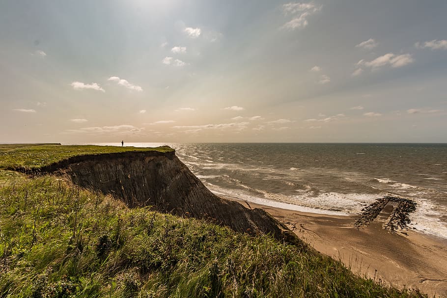 cliff, sea, denmark, coast, landscape, rock, beach, nature HD wallpaper