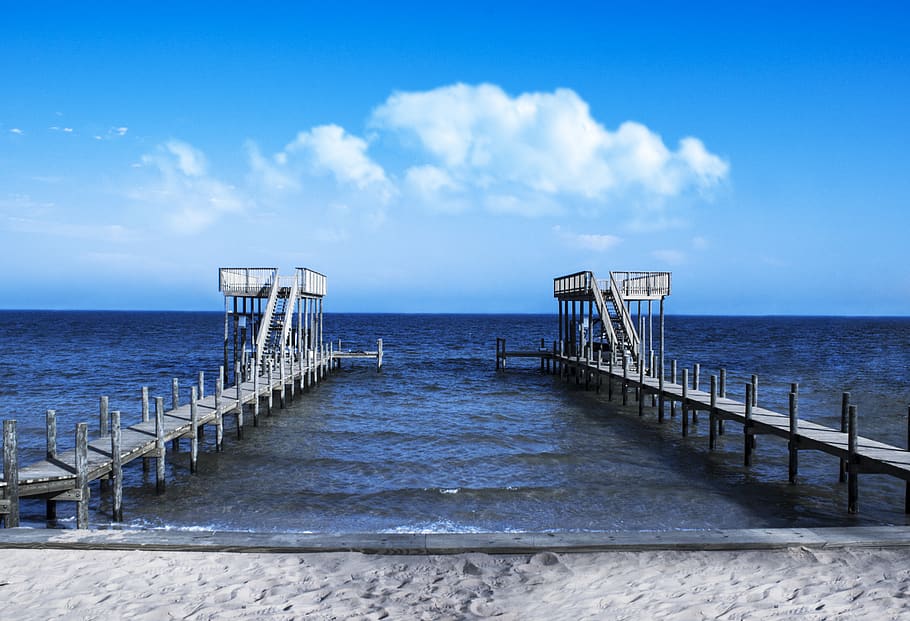 two gray wooden docks, water, waterfront, port, pier, building HD wallpaper