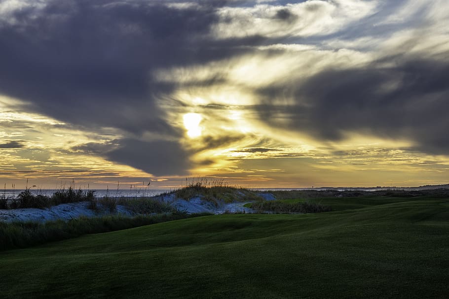 golf course, shore, sky, ocean, scenery, sunset, dunes, cloud - sky HD wallpaper