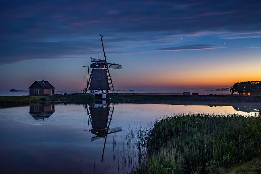 windmill, night, sky, sunset, landscape, nature, netherlands HD wallpaper