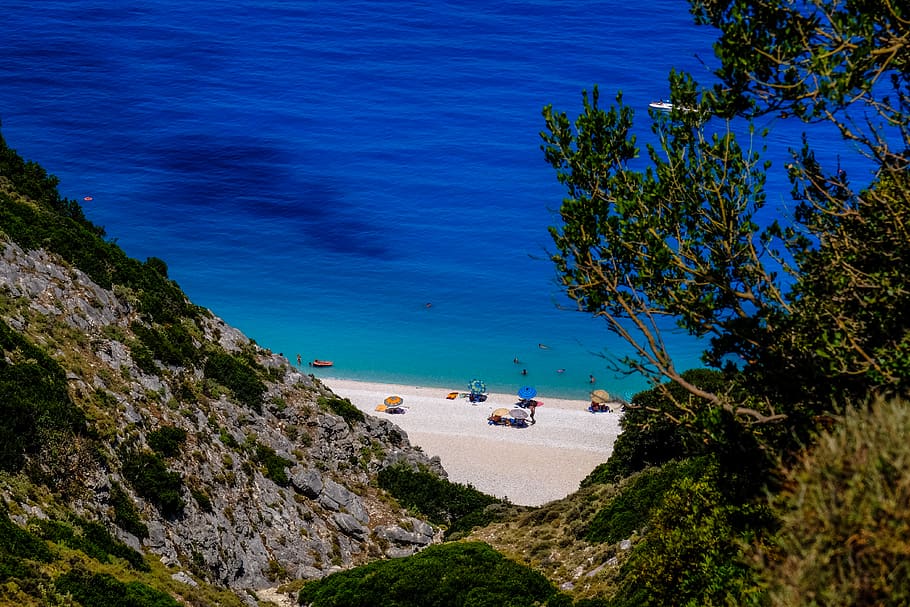 greece, myrtos beach, water, plant, sea, tree, land, blue, nature HD wallpaper