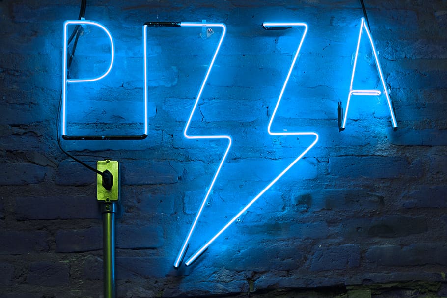 Blue Pizza Neon Signage Turned-on, brick wall, bright, close-up