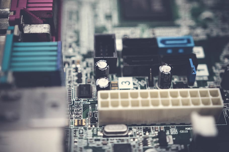 Close-Up Photography of Motherboard Capacitors, blur, circuit HD wallpaper
