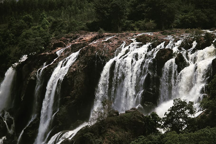 Waterfalls, cascade, environment, nature, scenic, tree, long exposure HD wallpaper