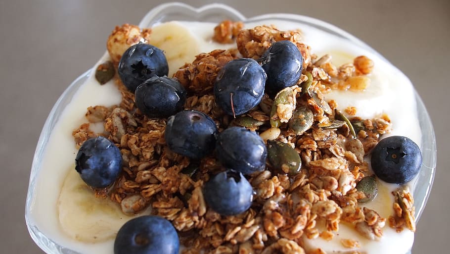 yogurt, granola, blueberries, fruit, parfait, breakfast, food, HD wallpaper
