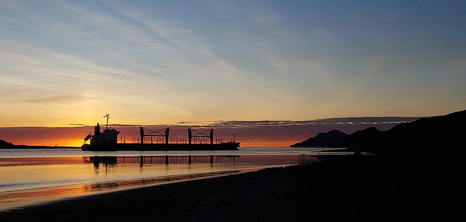 sunset, ship, orange, freighter, columbia, water, sky, sea HD wallpaper
