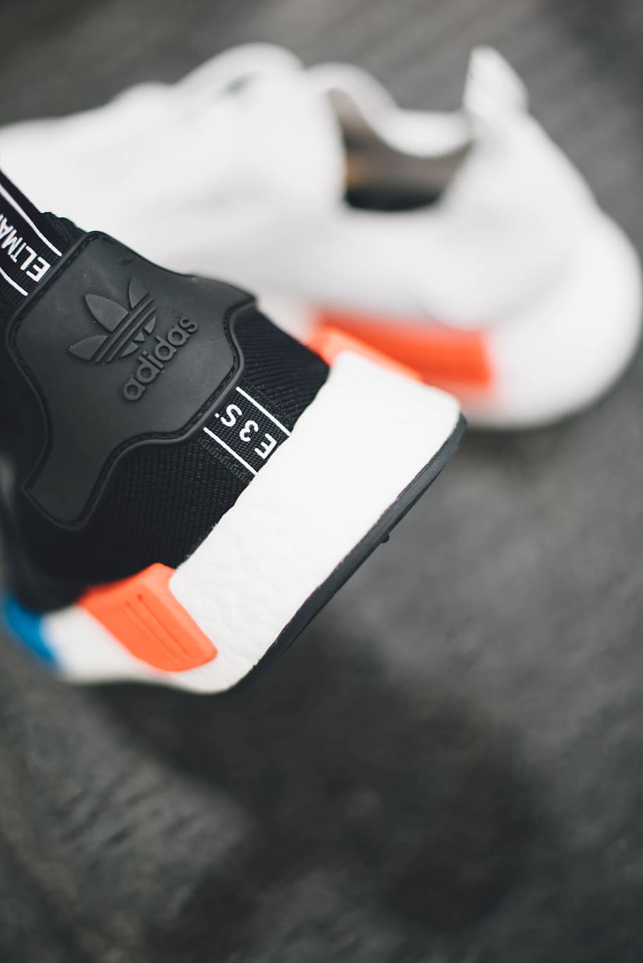 shoe, sneaker, close-up, black color, orange color, focus on foreground HD wallpaper