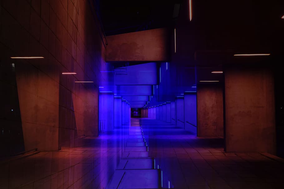 tunnel, building, architecture, light, blue, neon, modern design, HD wallpaper