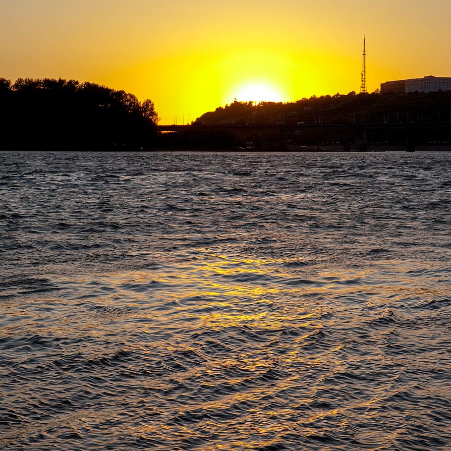 water, sea, ocean, surface, waves, ripples, ufa, sun, sunset HD wallpaper