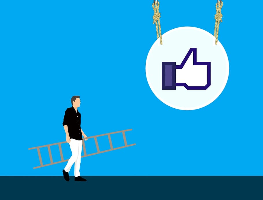Illustration of man taking ladder to social medial icon., likes