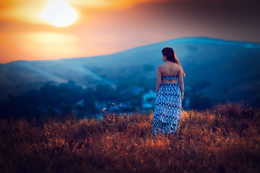 lady, hills, grass, one person, beauty in nature, rear view HD wallpaper