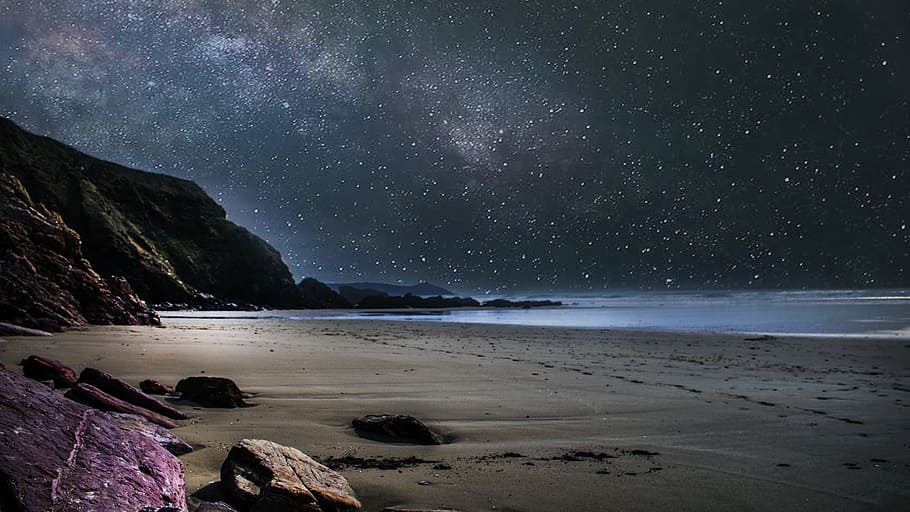 Seashore during Nighttime, beach, cliffs, evening, landscape HD wallpaper