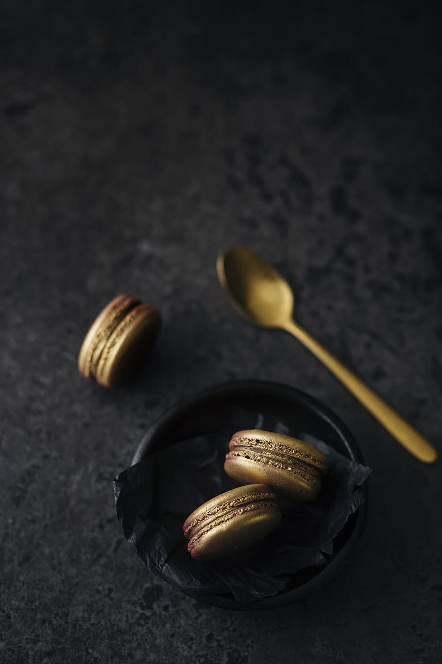 three macaroons on black bowl, no people, food and drink, still life HD wallpaper