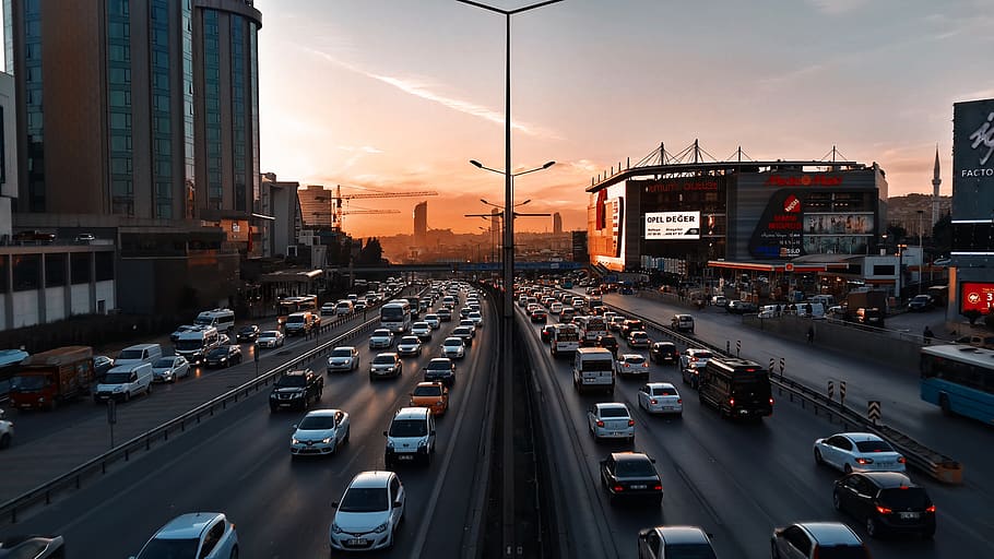 traffic, sun, day, car, cars, city, evening, transportation HD wallpaper