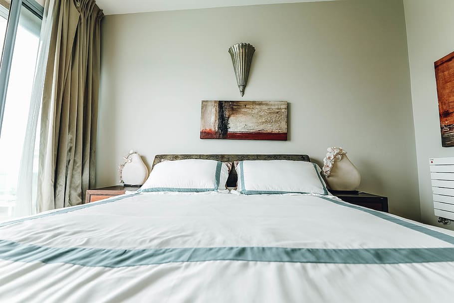 White Bed With Bedspread Near Window, bedroom, bedsheet, comfort, HD wallpaper