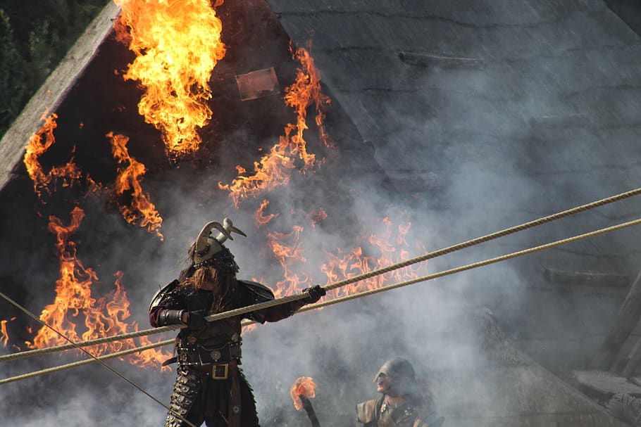 man holding rope, person, human, people, fireman, flame, france HD wallpaper