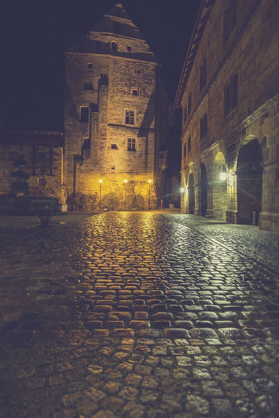 Clear Bricks Pathway during Nighttime, architecture, buildings HD wallpaper