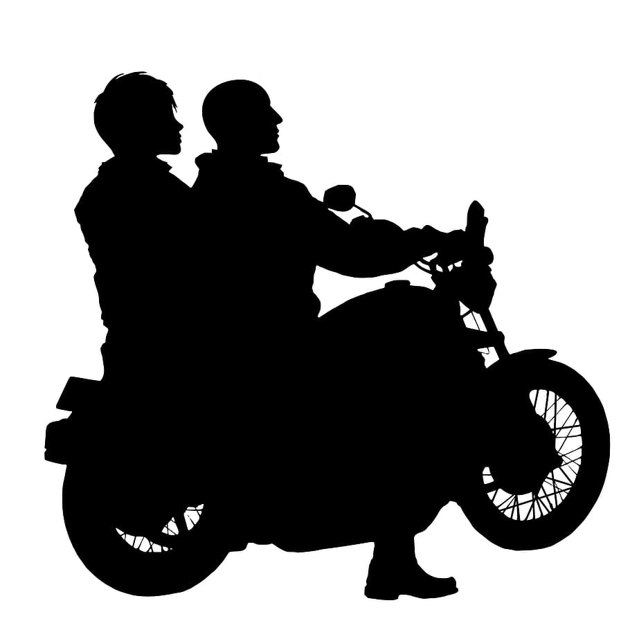 Silhouette of couple on motorcycle, rider, adventure, biker, chopper
