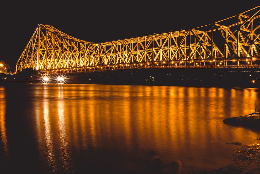 lightened bridge at night, built structure, architecture, illuminated, HD wallpaper