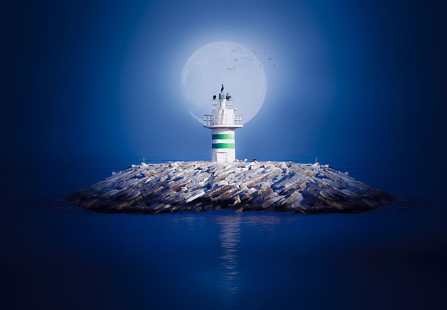 month, super moon, blue, sky, marine, lighthouse, cloud, clouds, HD wallpaper
