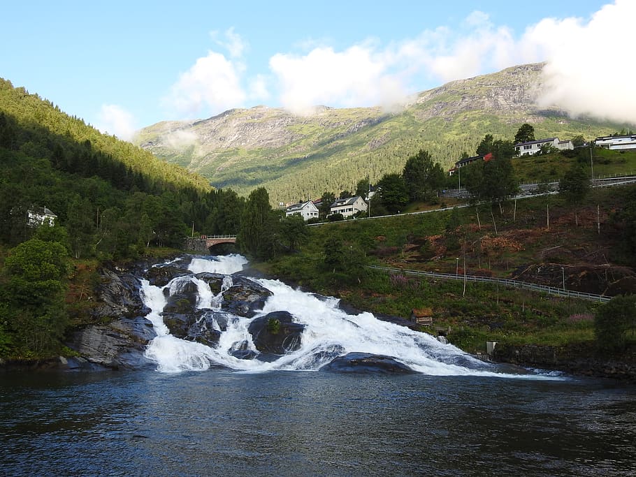 sun, norway, waterfall, beauty in nature, scenics - nature HD wallpaper