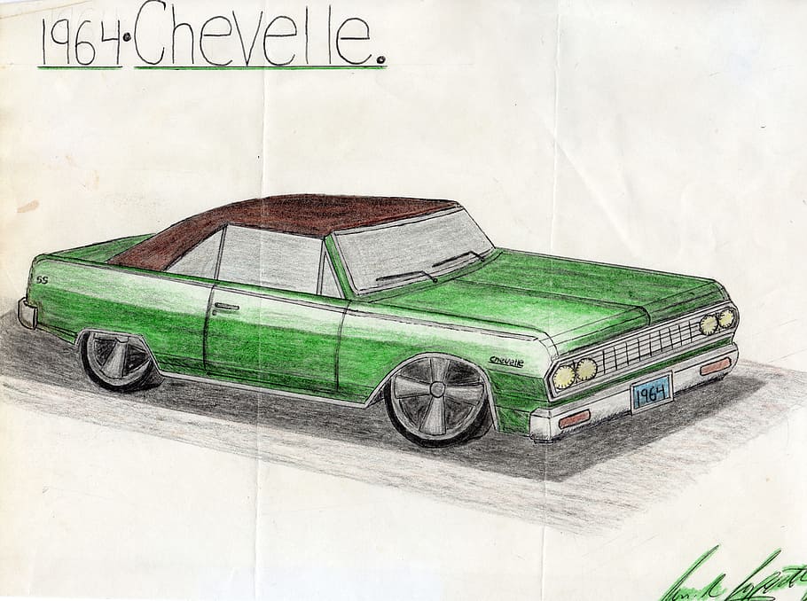 drawing, car, fast, old, art, chevrolet, green, motor vehicle HD wallpaper