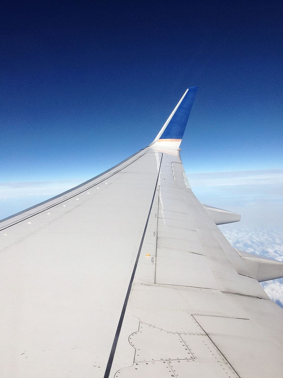 travel, transportation, airplane, flight, wing, sky, blue, clouds HD wallpaper