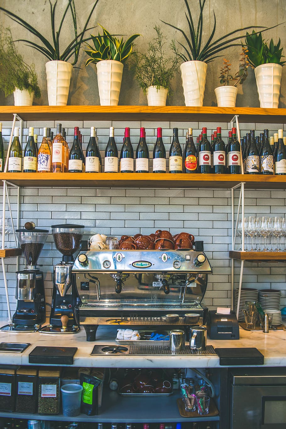 drink, espresso, cafe, wine, coffee, shelf, large group of objects HD wallpaper