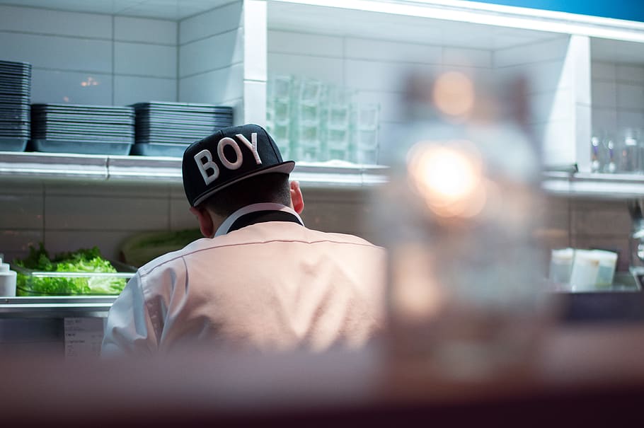 chef, restaurant, cook, dinner, cap, boy, hipster, men, rear view HD wallpaper