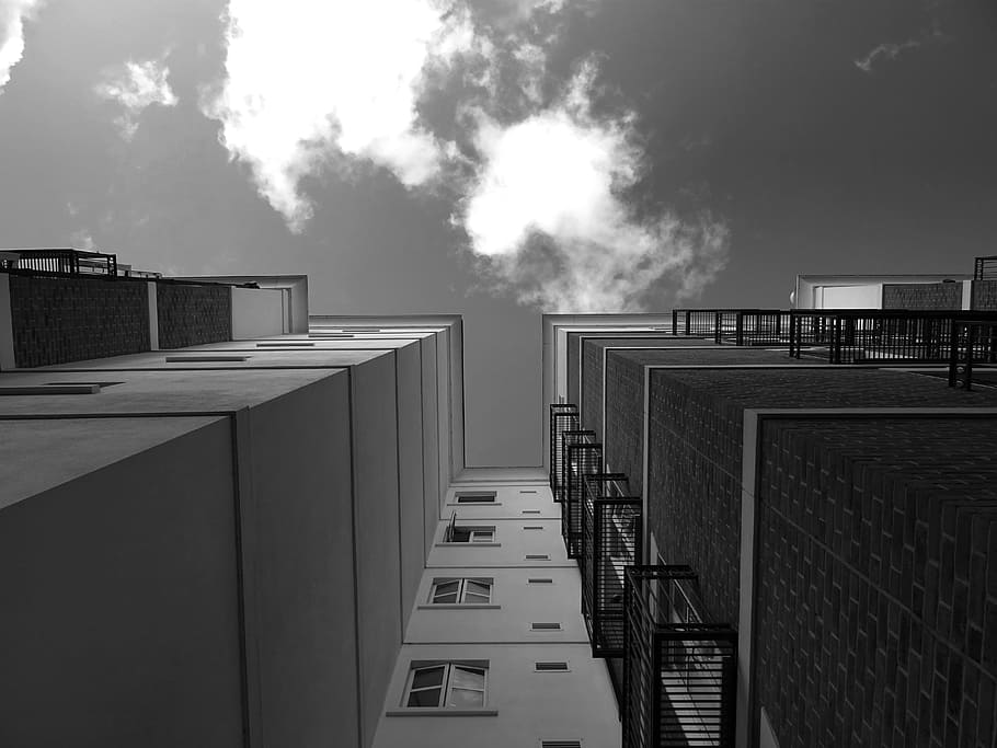 Grayscale and Low Angle Photography of High-rise Buildings, architecture HD wallpaper
