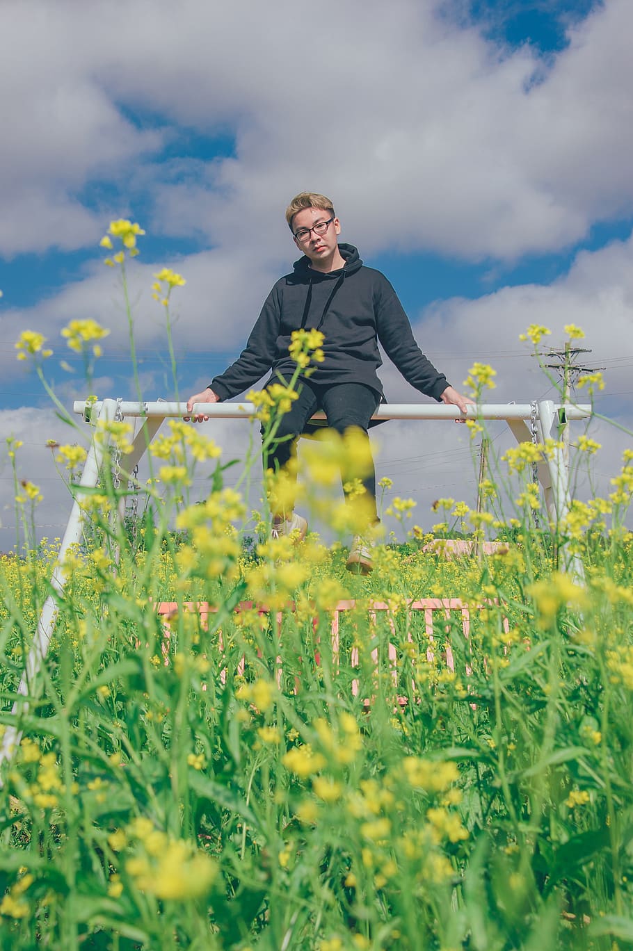 Man In Black Pullover Hoodie And Pants, clouds, field, flora HD wallpaper