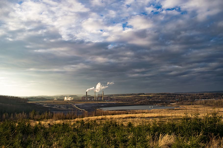 Factory, clouds, daylight, grass, industry, lake, outdoors, power plant HD wallpaper