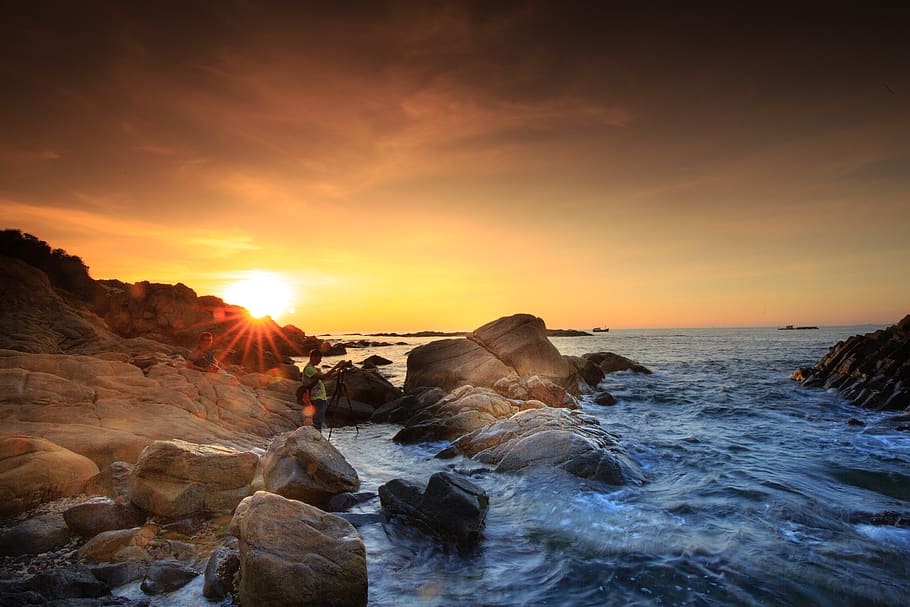 Landscape of a Beach and Sunset, beautiful, dawn, dusk, evening HD wallpaper