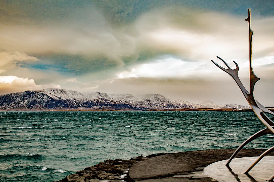 Body of Water Near Mountain, art, artwork, beach, clouds, dawn HD wallpaper