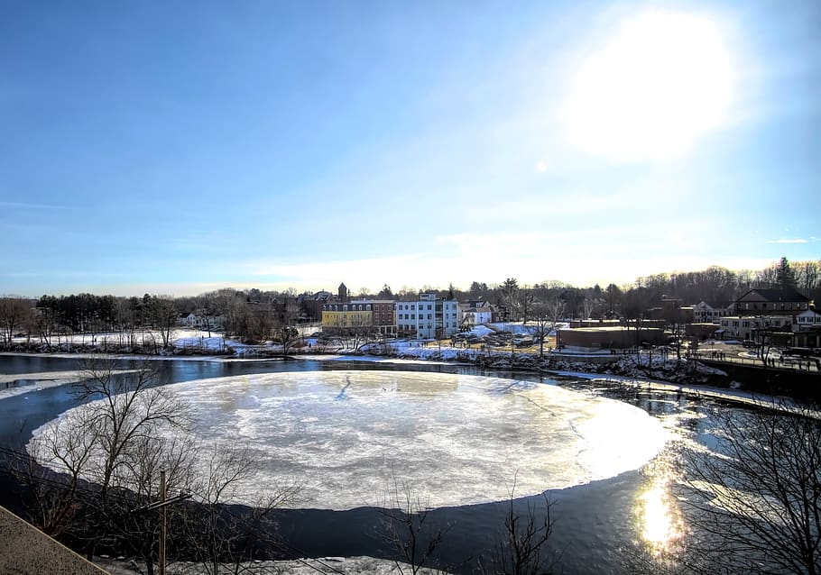 ice disk, river, winter, nature, sky, water, snow, cold temperature HD wallpaper