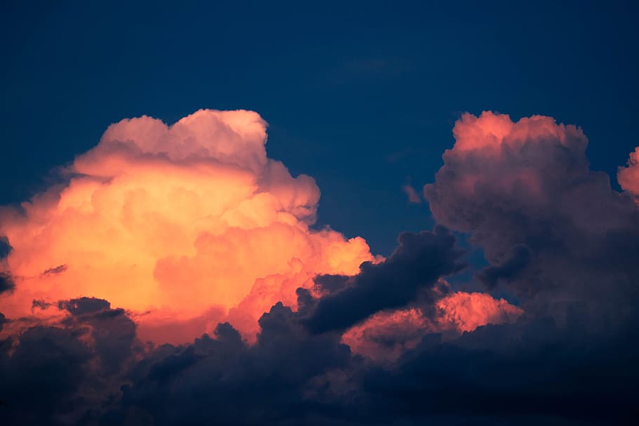white and orange clouds, sky, cloudscape, blue, puffy, sunlight, HD wallpaper