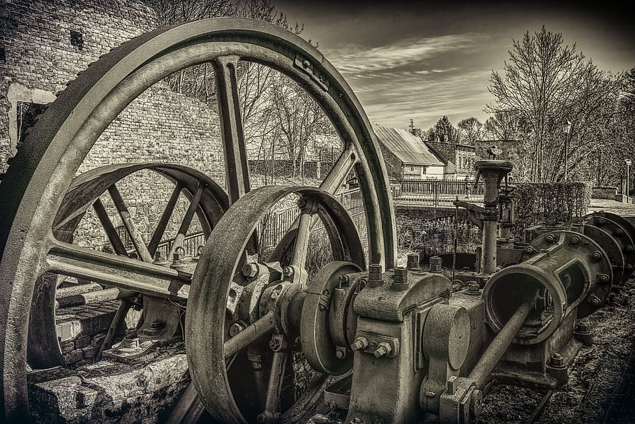 technology, machine, lock, historically, drive, black and white HD wallpaper