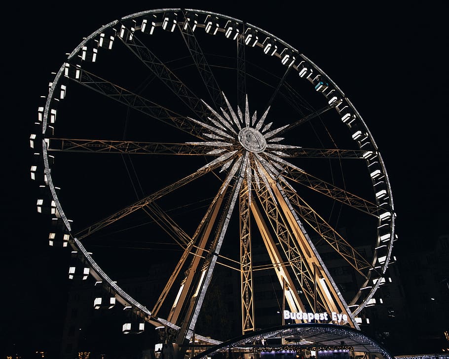 lighted ferries wheel during night time, winter, dark, architecture HD wallpaper