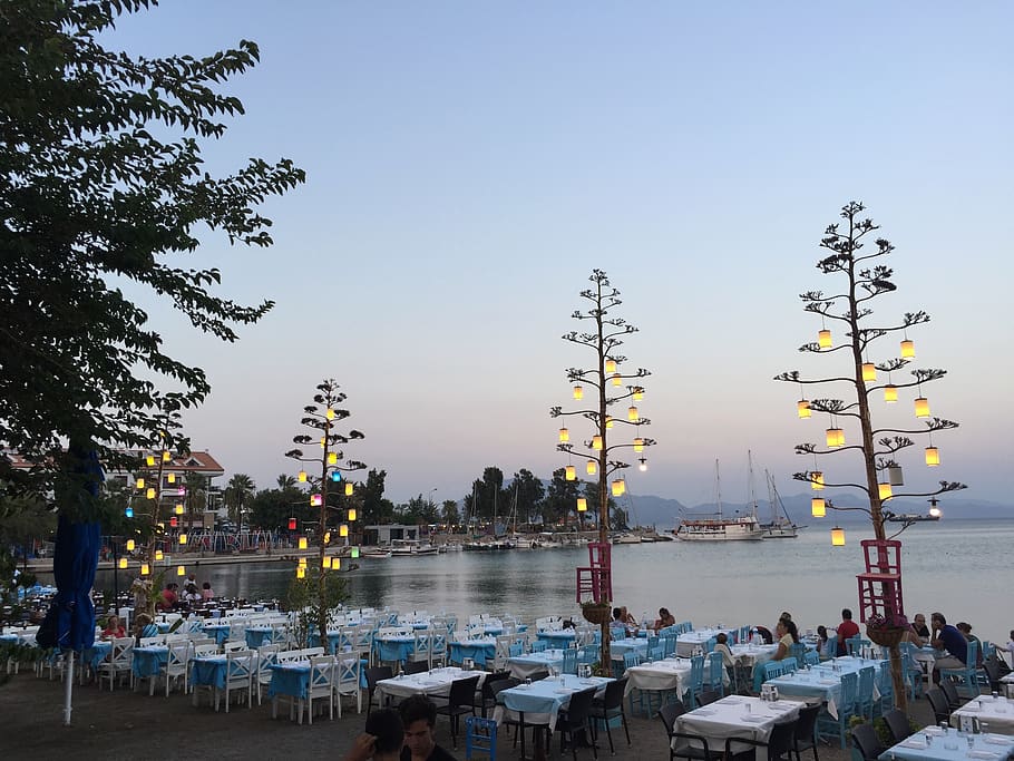 turkey, datça, view, sky, group of people, tree, water, crowd HD wallpaper