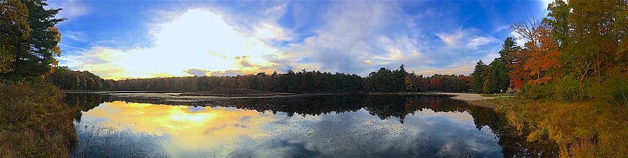 lake, sunset, landscape, panoramic, trees, foliage, autumn HD wallpaper