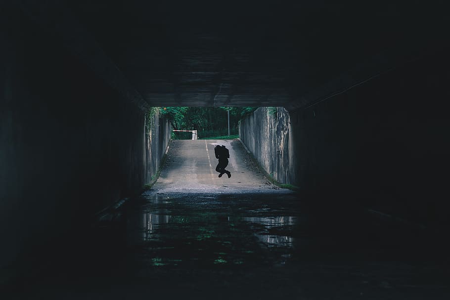 road, dark, tunnel, path, people, jump, water, one person, architecture HD wallpaper