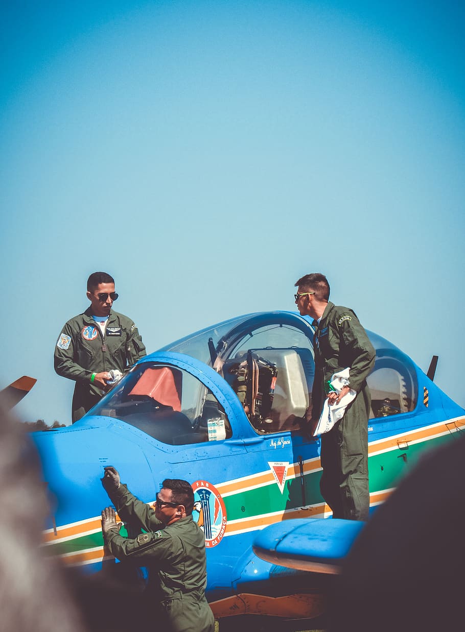 men checking blue plane, person, human, people, brazil, pirassununga HD wallpaper